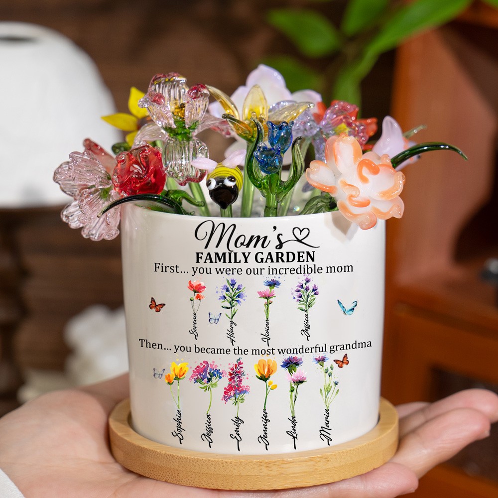 Custom Glass Birth Month Flower with Custom Flower Pot Mother's Day Gift