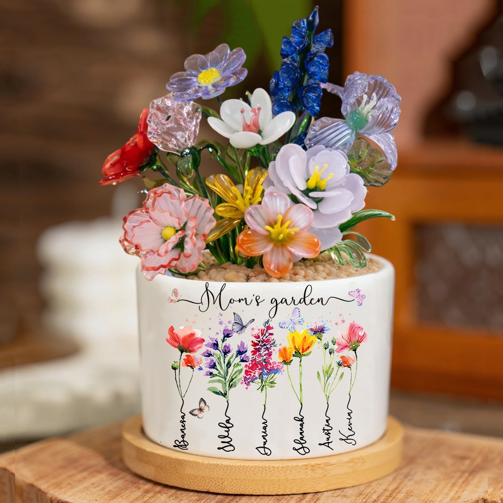 Custom Glass Birth Month Flower with Custom Flower Pot Mother's Day Gift 