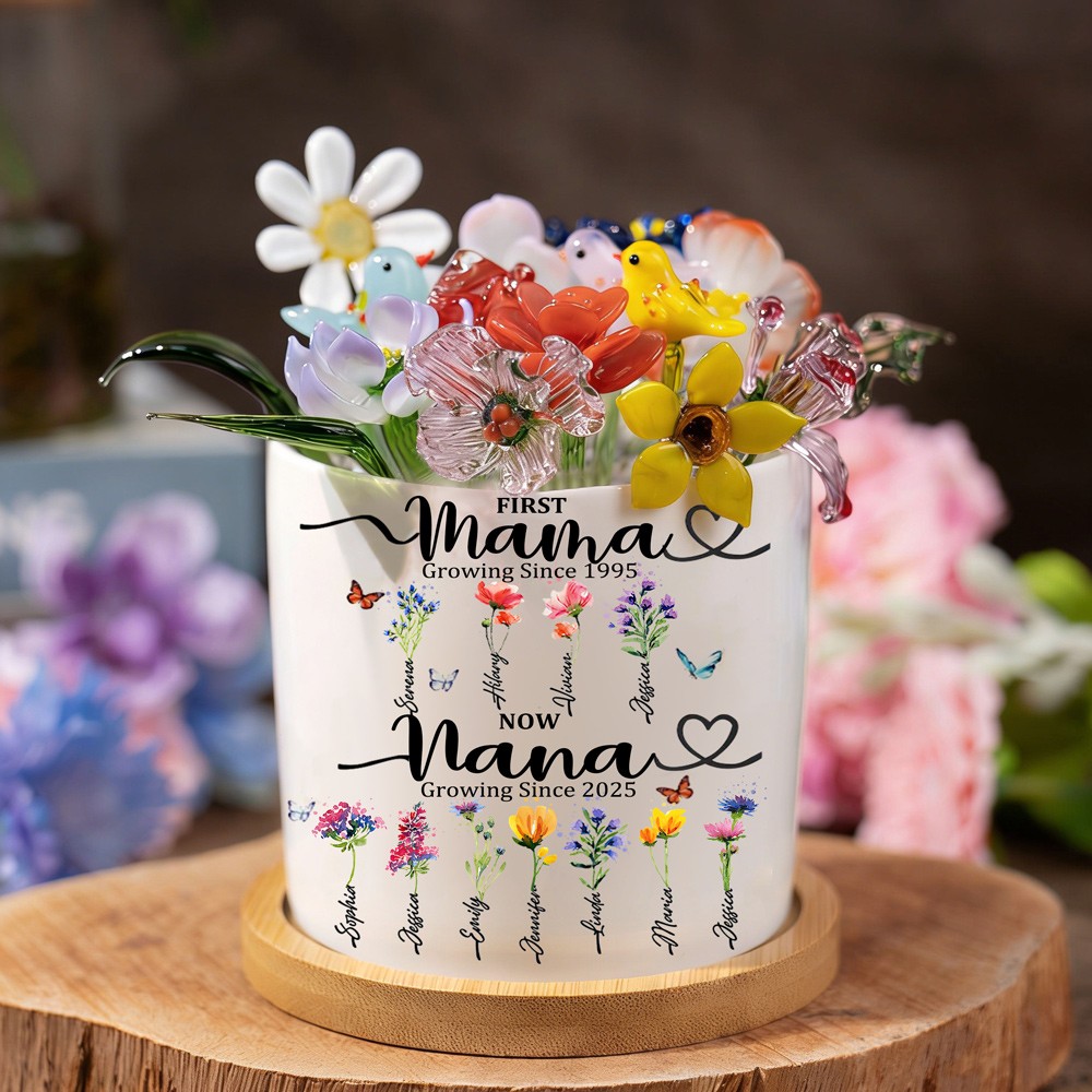 Custom Glass Birth Month Flower with Custom Flower Pot Mother's Day Gift