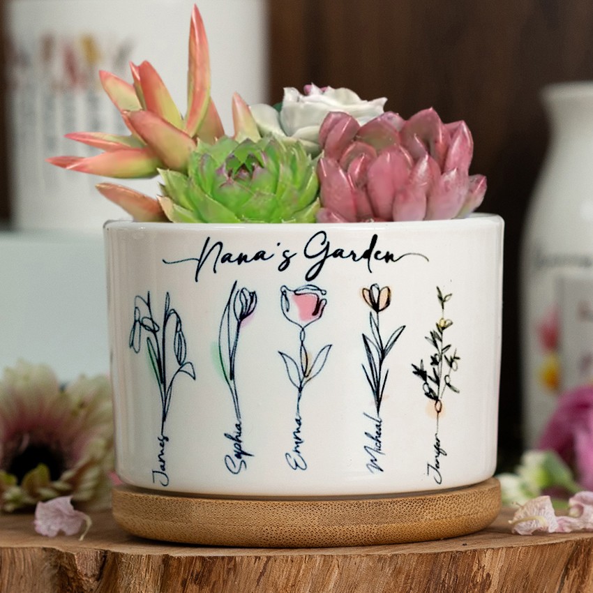 Custom Birth Month Flower Plant Pot Grandma's Garden Plant Pot