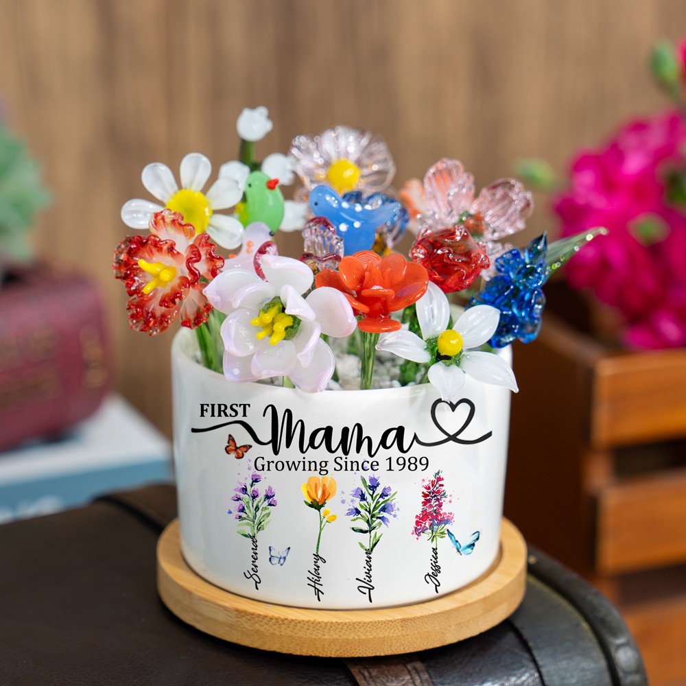 Custom Glass Birth Month Flower with Custom Flower Pot Mother's Day Gift