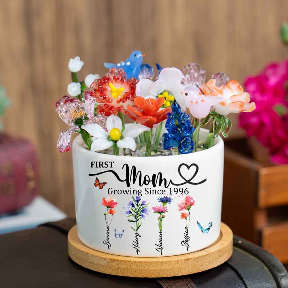 Custom Glass Birth Month Flower with Custom Flower Pot Mother's Day Gift