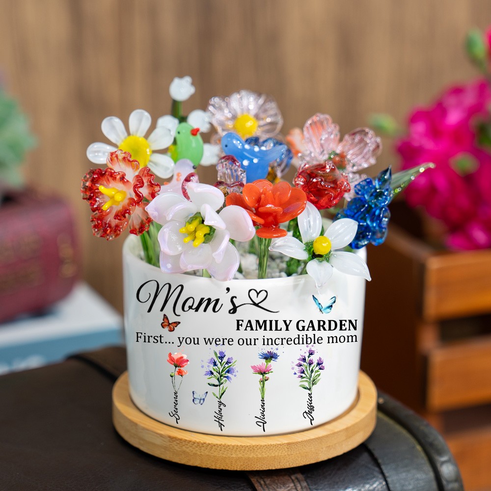 Custom Glass Birth Month Flower with Custom Flower Pot Mother's Day Gift
