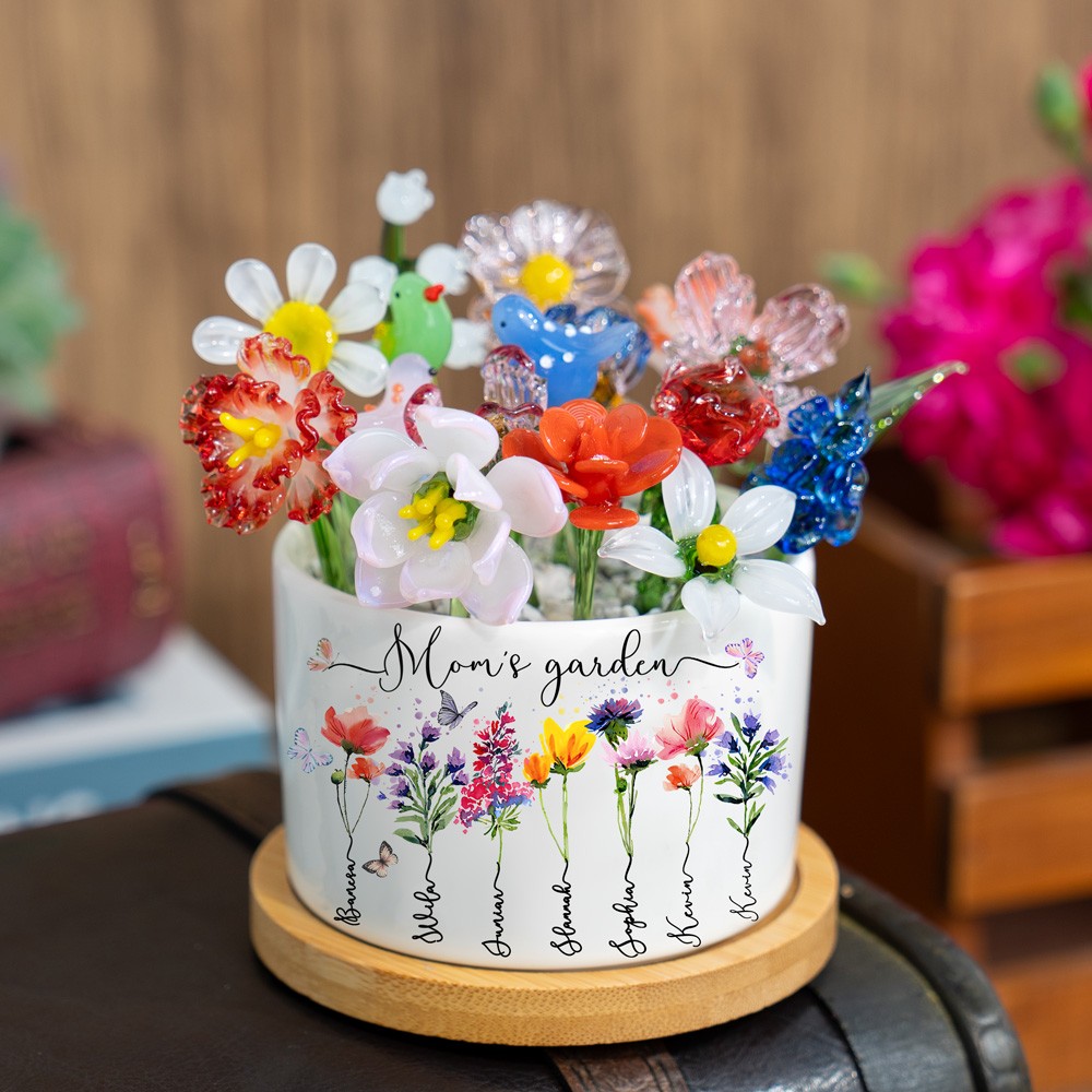 Custom Glass Birth Month Flower with Custom Flower Pot Mother's Day Gift 