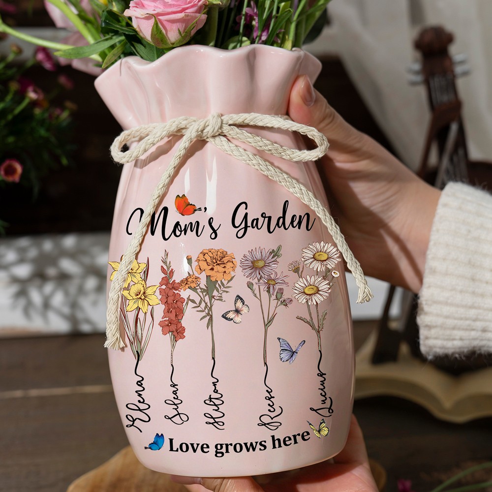 Custom Family Garden Birth Flower Vase With Grandchildren Name For Mother's Day Gift