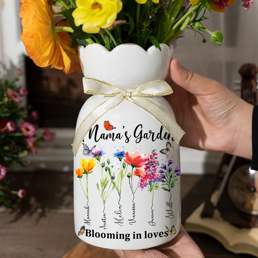 Custom Family Garden Birth Flower Vase With Grandchildren Name For Mother's Day Gift