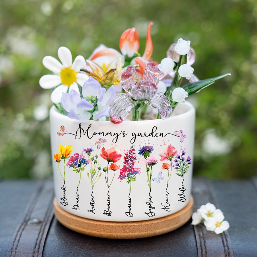 Custom Glass Birth Month Flower with Custom Flower Pot Mother's Day Gift 