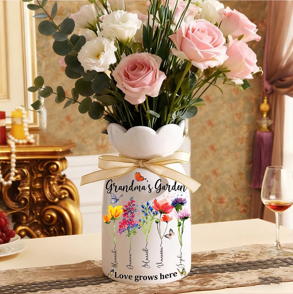 Custom Family Garden Birth Flower Vase With Grandchildren Name For Mother's Day Gift