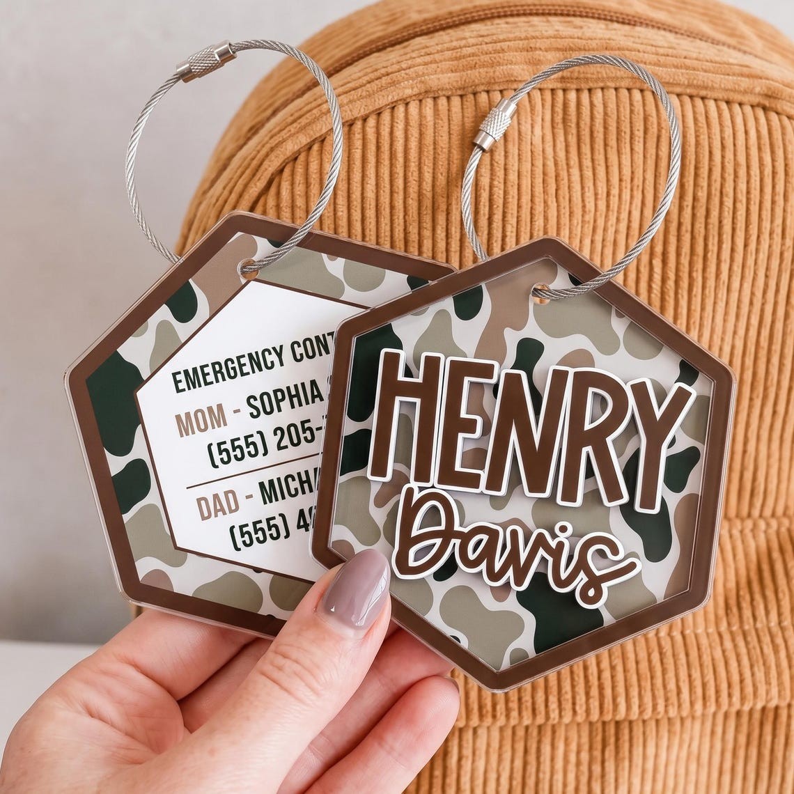 Personalized 3D Camo Name Tag for Kids, Acrylic Backpack Tag, Layered Name Label for Daycare Bags, Lunch Boxes & School Backpacks