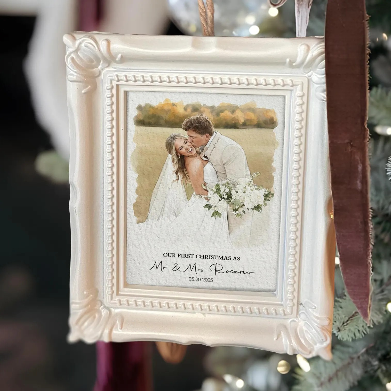 Custom Watercolor Portrait Frame Ornament Unique Family Photo Christmas Gifts