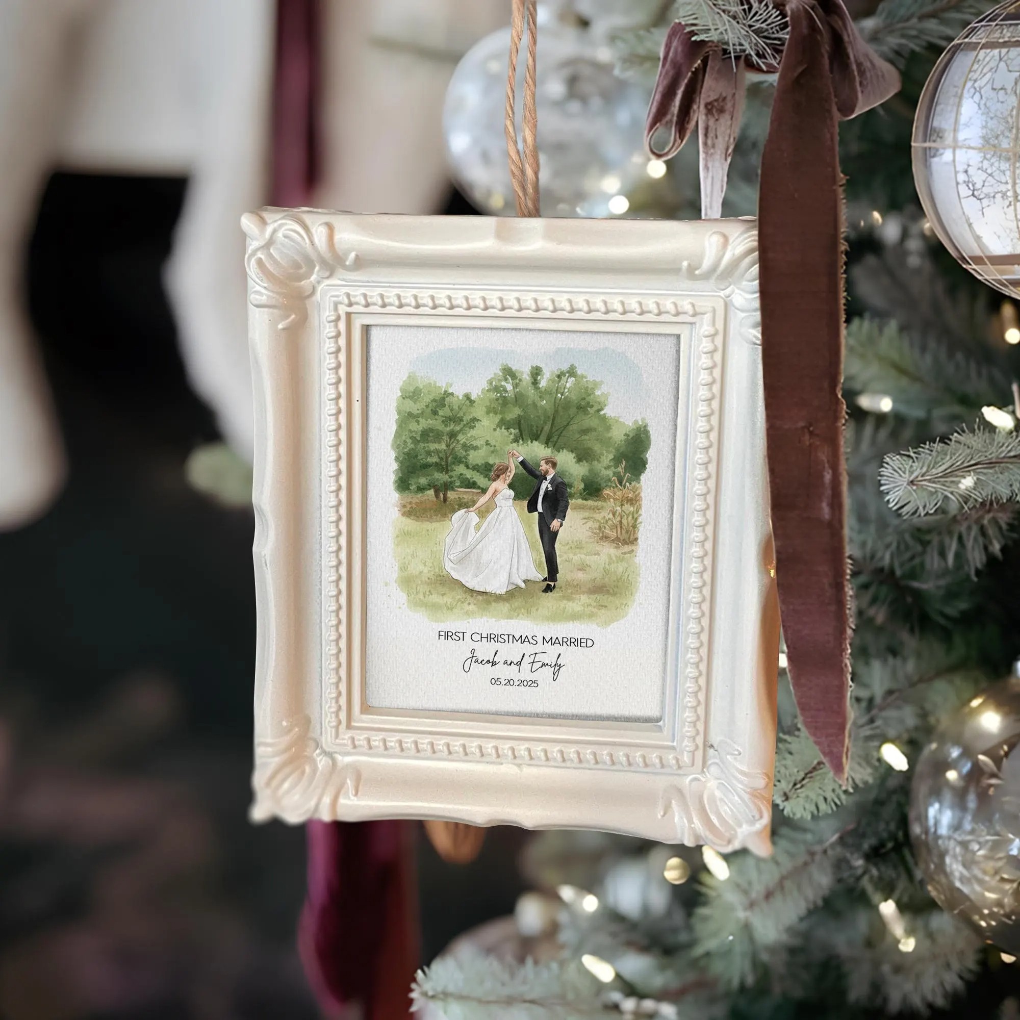 Custom Watercolor Portrait Frame Ornament Unique Family Photo Christmas Gifts