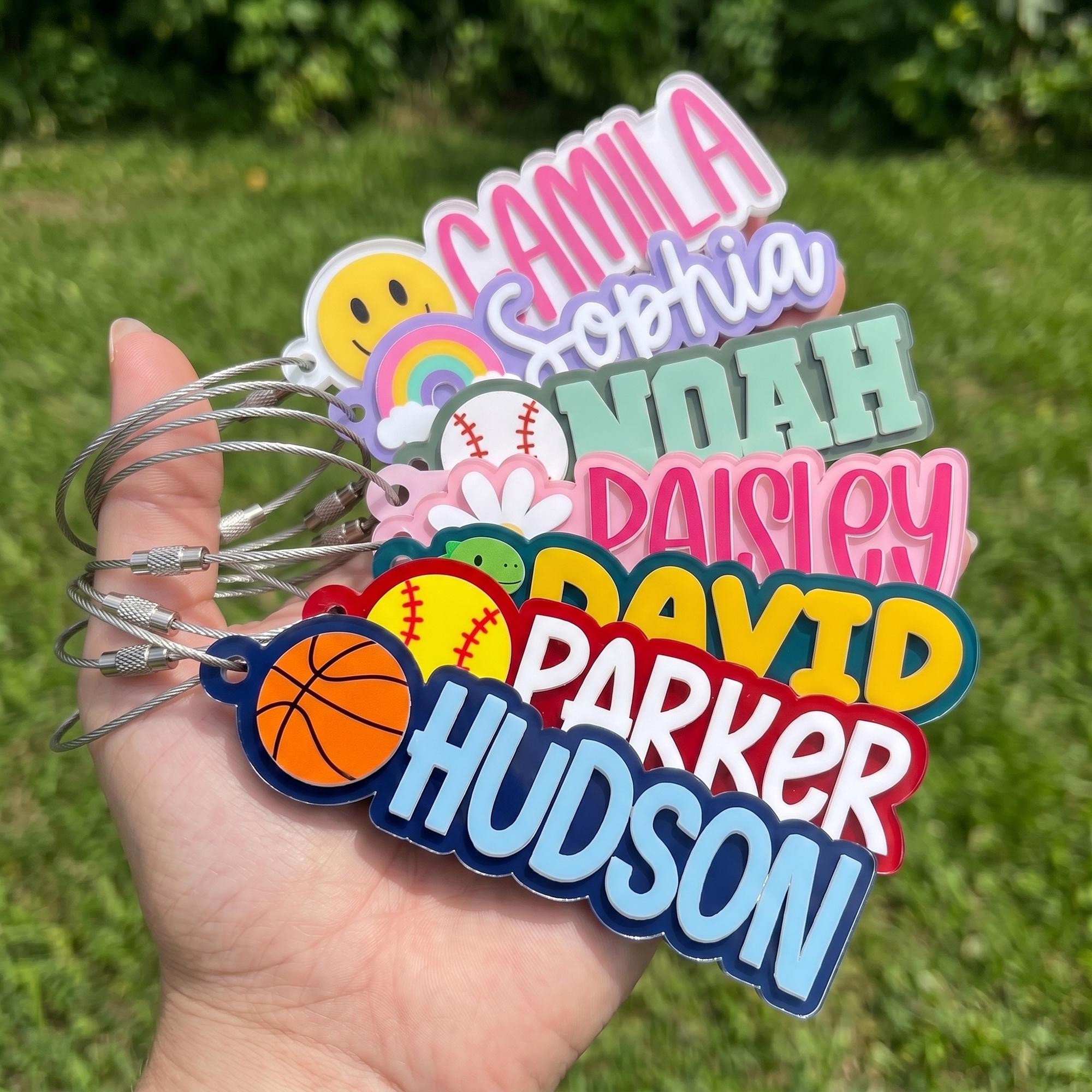 Custom Acrylic Kids Name Keychain With Icon Personalized Groovy Kids Bag Tag for Backpack Cute Kids Name Keychain Water Bottle Name Tag  Back to School Gift