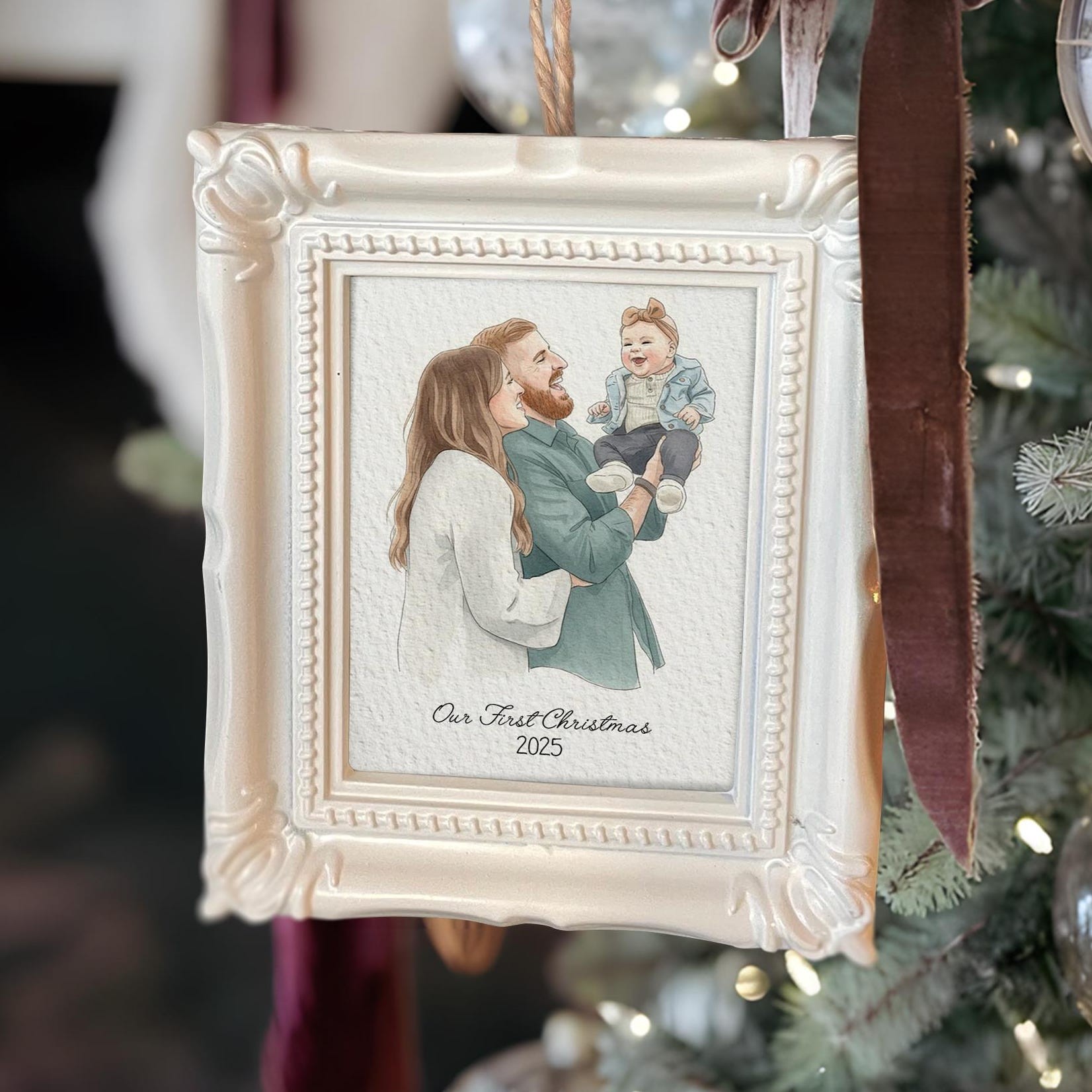 Custom Watercolor Portrait Frame Ornament Unique Family Photo Christmas Gifts