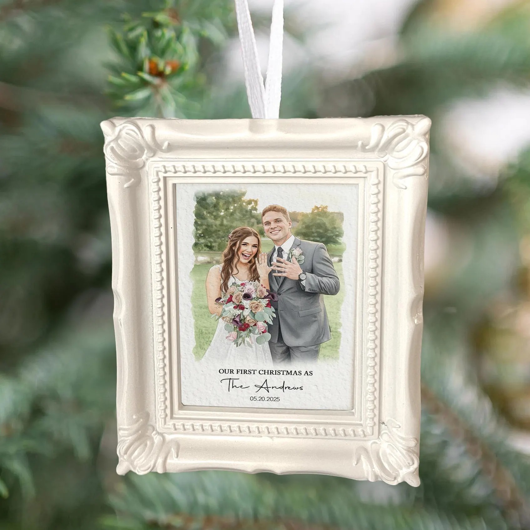 Custom Watercolor Portrait Frame Ornament Unique Family Photo Christmas Gifts