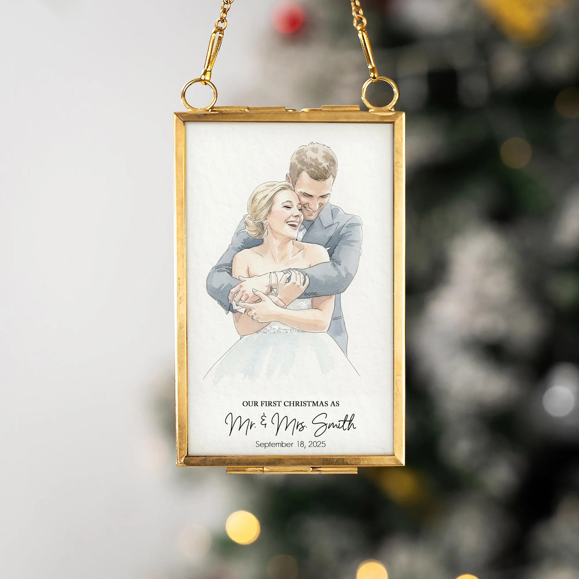 Custom Watercolor Portrait Frame Ornament Unique Family Photo Christmas Gifts