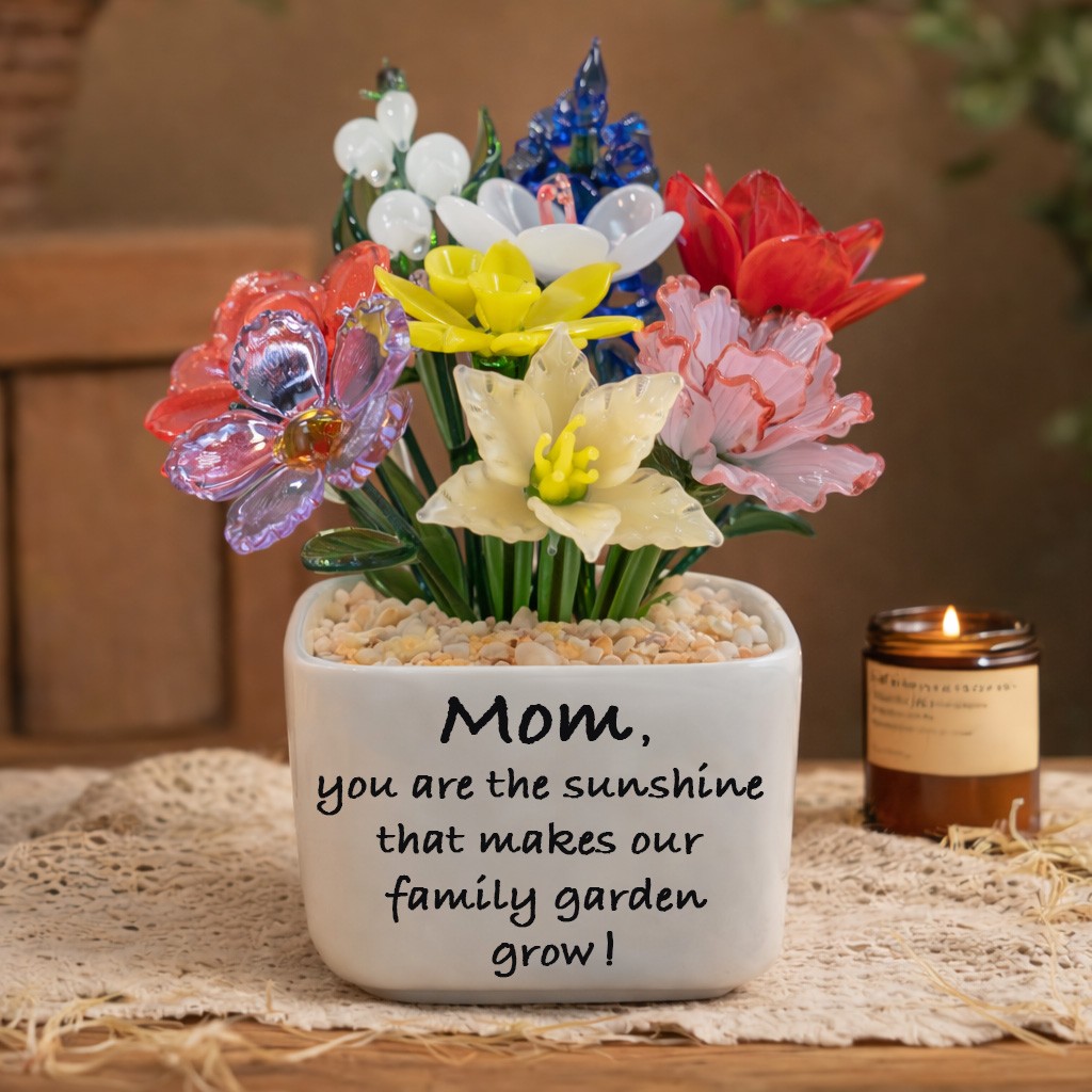 Custom Glass Birth Month Flower with Custom Flower Pot Mother's Day Gift 