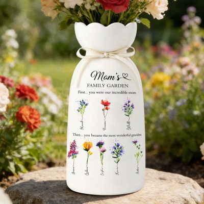 Custom Family Garden Birth Flower Vase With Grandchildren Name For Mother's Day Gift