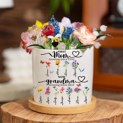 Custom Glass Birth Month Flower with Custom Flower Pot Mother's Day Gift
