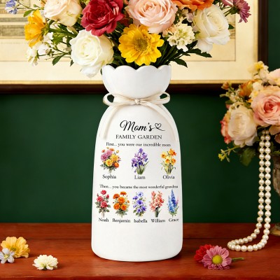 Custom Family Garden Birth Flower Vase With Grandchildren Name For Mother's Day Gift