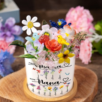 Custom Glass Birth Month Flower with Custom Flower Pot Mother's Day Gift