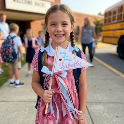 Personalized Back to School Pennant, Custom Name Grade Photo Prop, Pre K Kindergarten Girl School Wand