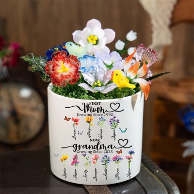 Custom Glass Birth Month Flower with Custom Flower Pot Mother's Day Gift