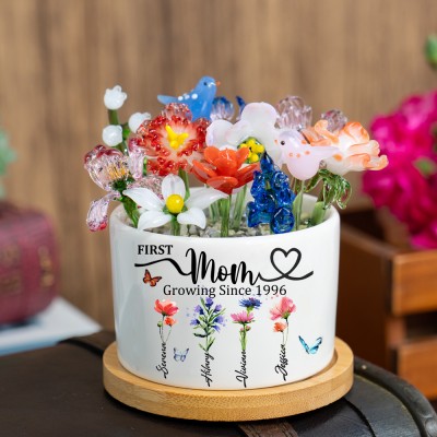 Custom Glass Birth Month Flower with Custom Flower Pot Mother's Day Gift