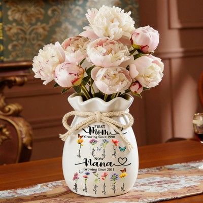 Custom Family Garden Birth Flower Vase With Grandchildren Name For Mother's Day Gift