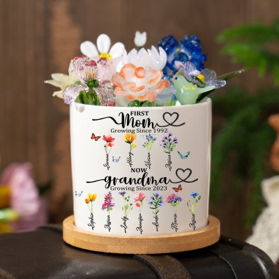 Custom Glass Birth Month Flower with Custom Flower Pot Mother's Day Gift
