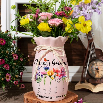 Custom Family Garden Birth Flower Vase With Grandchildren Name For Mother's Day Gift