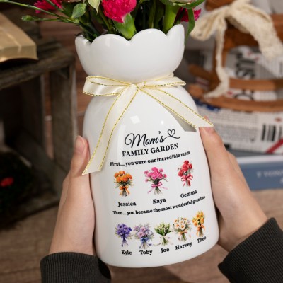 Custom Family Garden Birth Flower Vase With Grandchildren Name For Mother's Day Gift