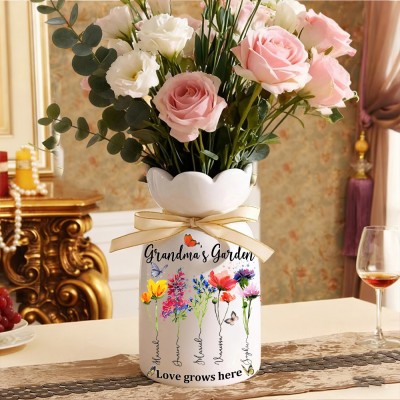 Custom Family Garden Birth Flower Vase With Grandchildren Name For Mother's Day Gift
