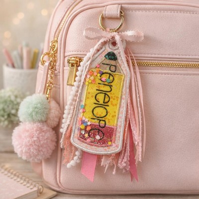Personalized Glitter Confetti Pencil Shaker Tag, Custom Name Backpack Charm, Back To School Gift