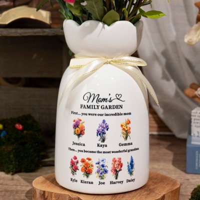 Custom Family Garden Birth Flower Vase With Grandchildren Name For Mother's Day Gift