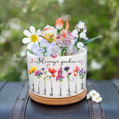 Custom Glass Birth Month Flower with Custom Flower Pot Mother's Day Gift 